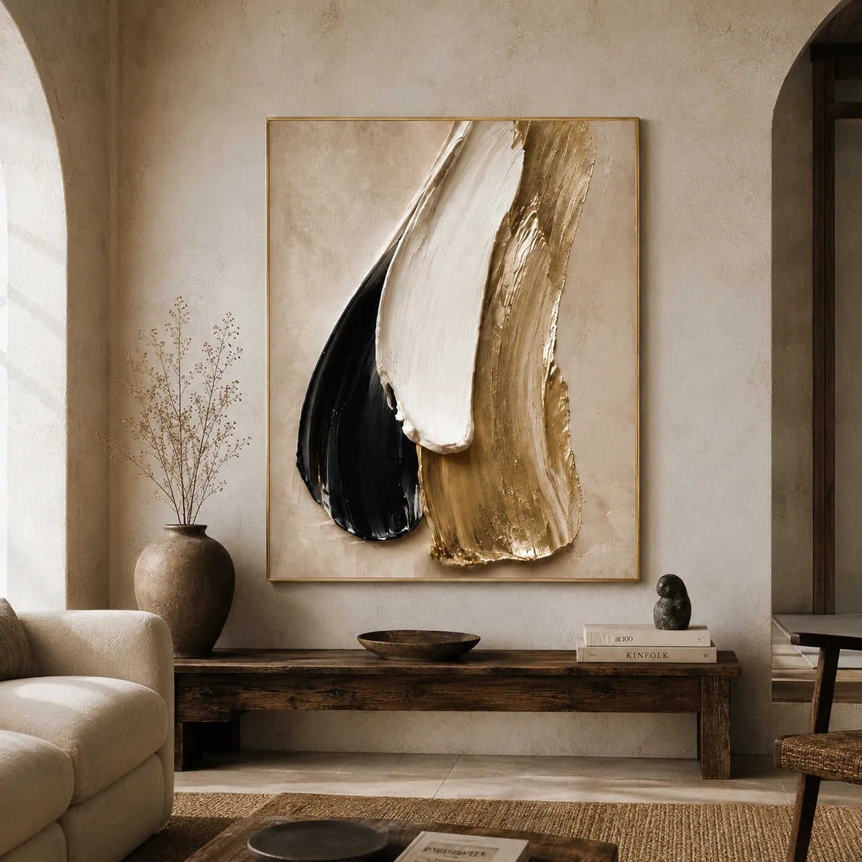 Plaster Textured Black Gold Column Wall Art