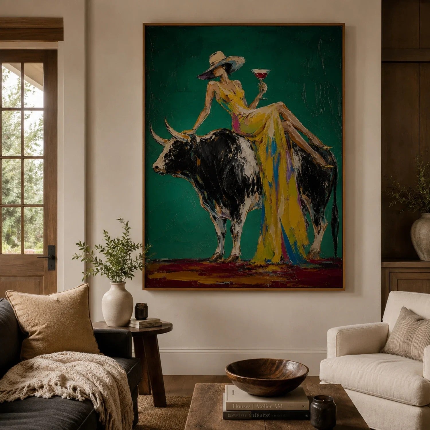 Woman Riding Bull on Emerald Wall Art