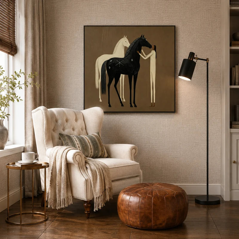 Folk Silhouette Black & White Horse Duo Wall Art