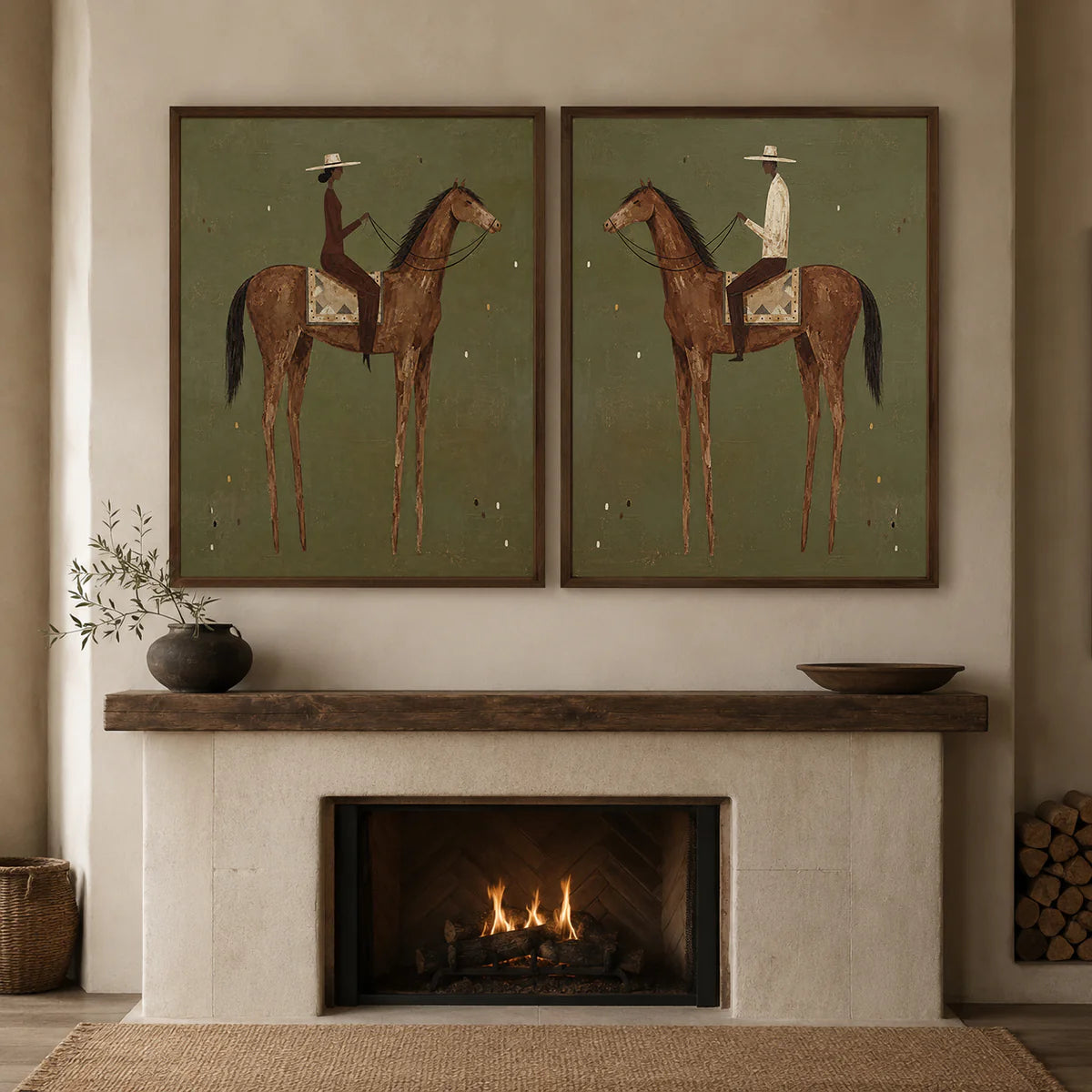 Geometric Brown Horse Riders Wall Art Set of 2