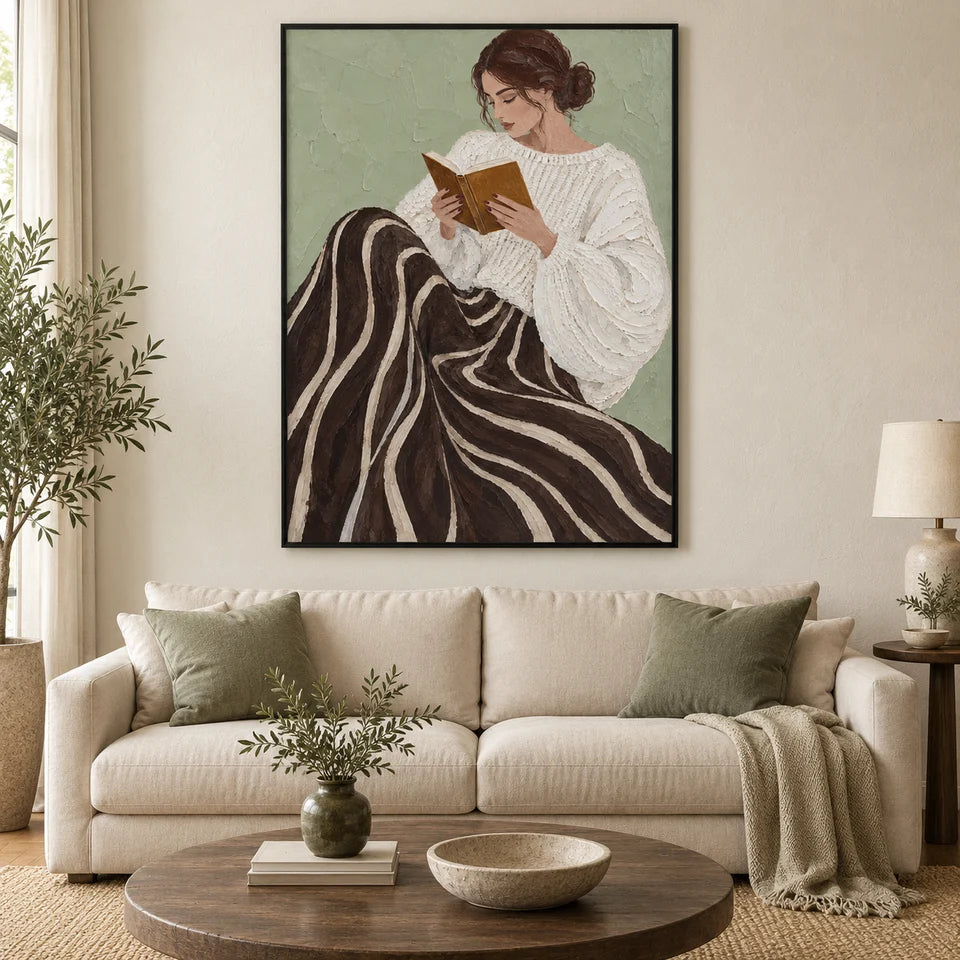Textured Reading Woman in Swirl Skirt Wall Art