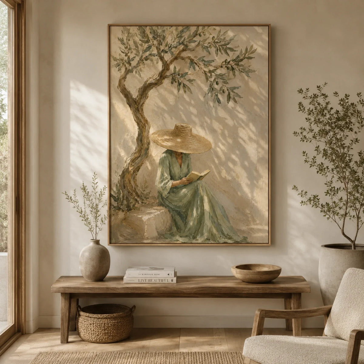 Textured Reading Woman Under Olive Tree Wall Art