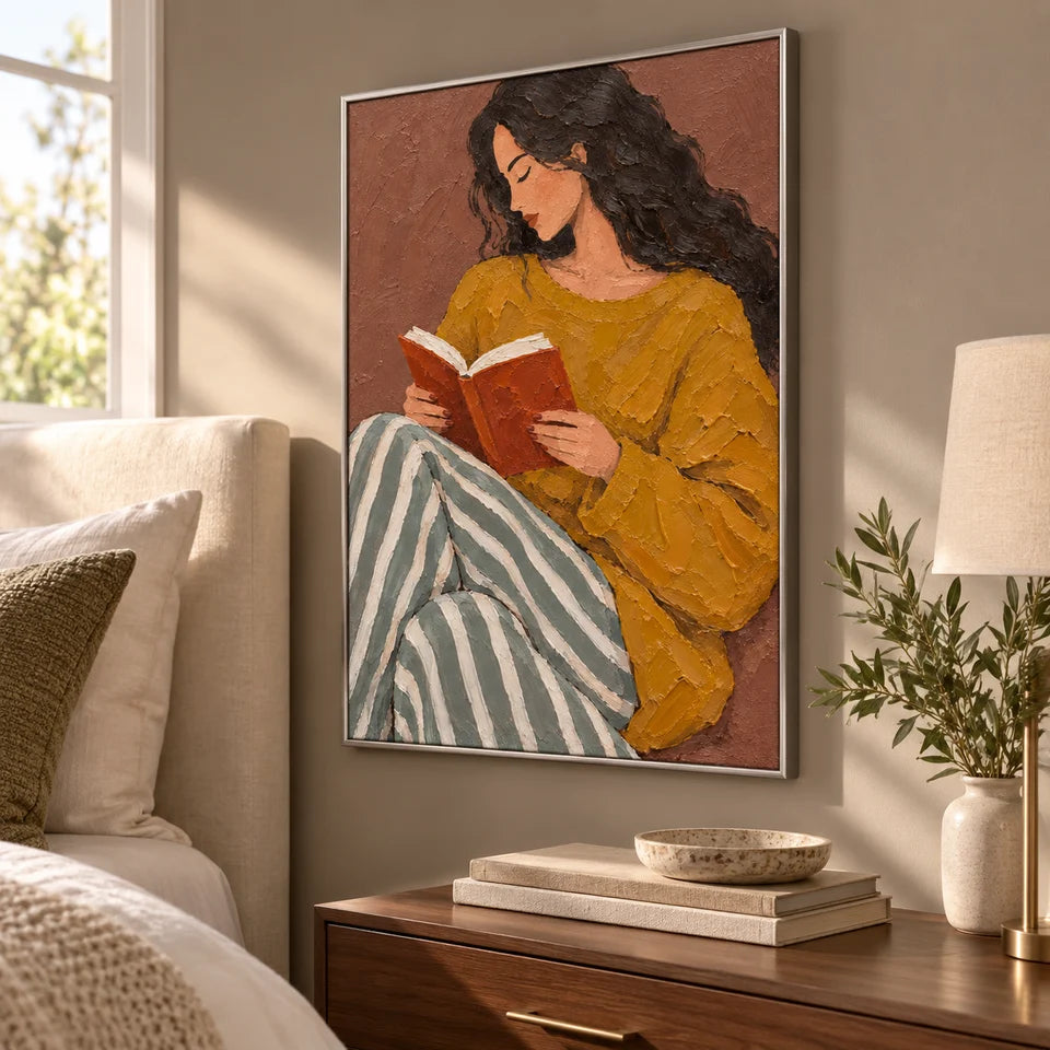 Textured Reading Woman in Stripes Wall Art