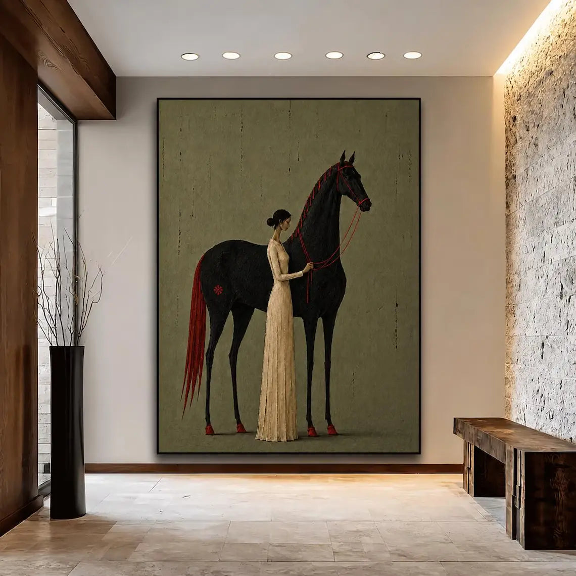 Minimalist Woman & Black Horse Wall Art