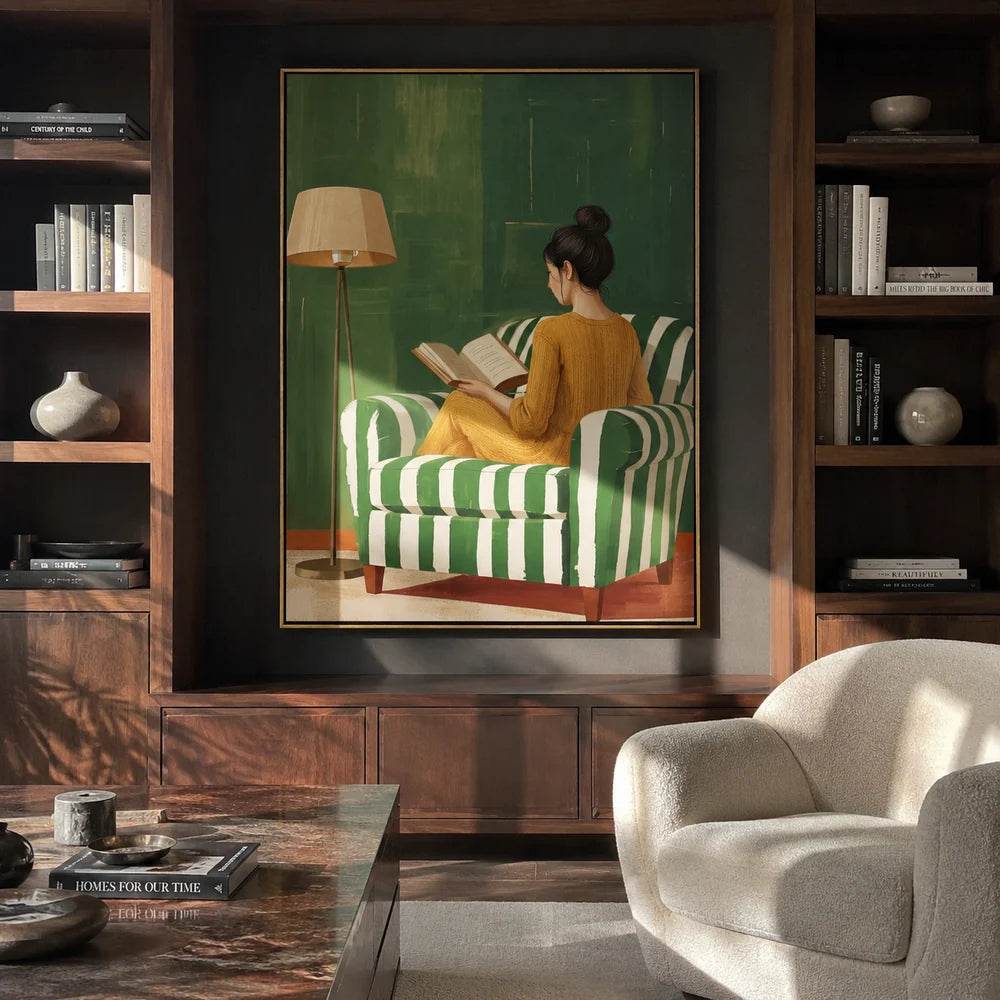 Textured Reading Woman on Green Wall Art