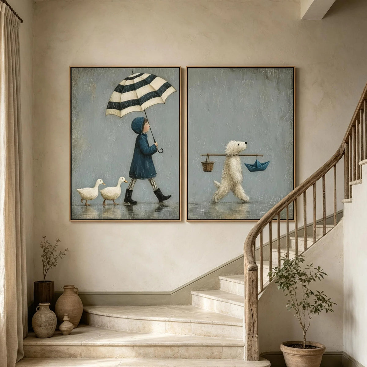 Textured Umbrella Girl & Dog Wall Art Set of 2