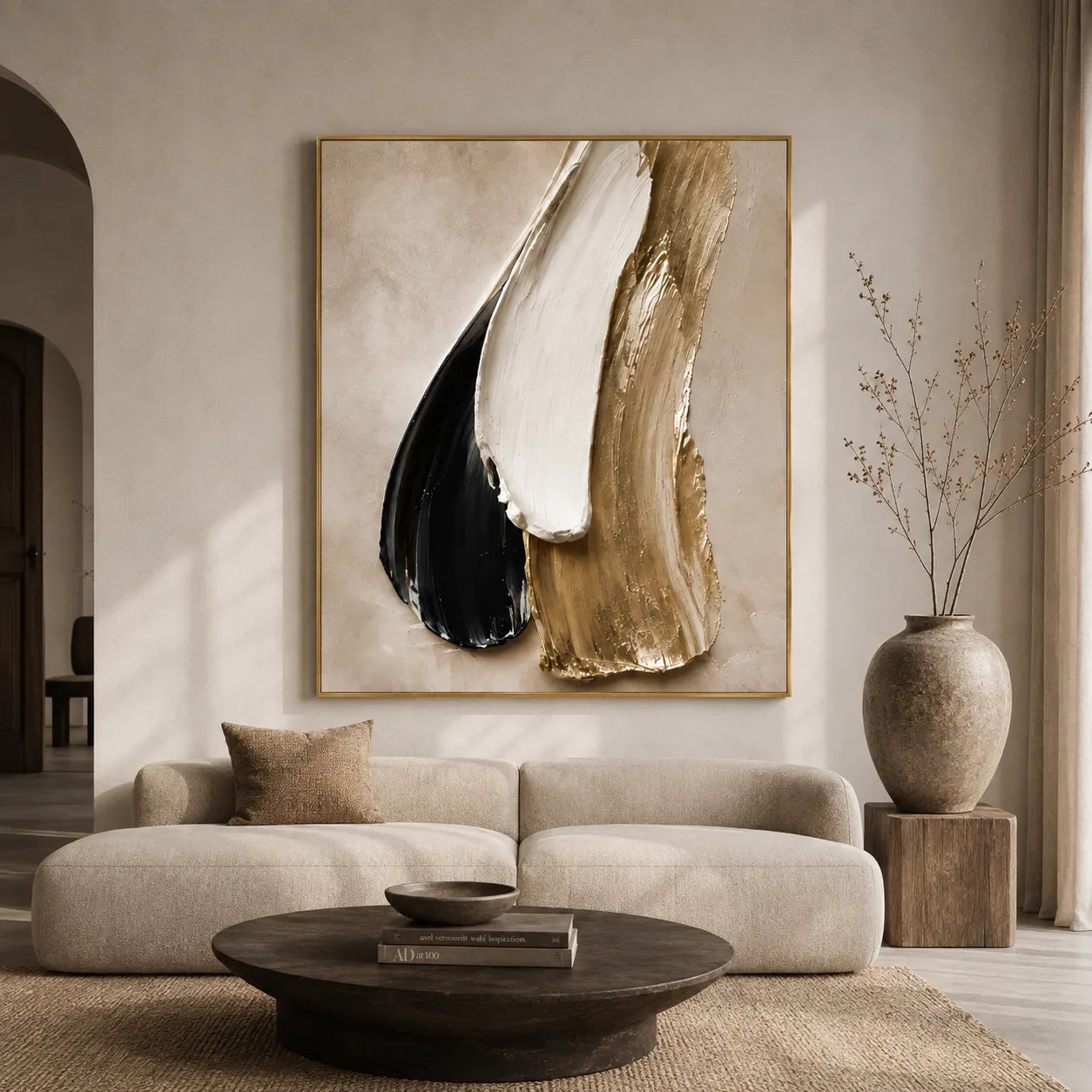Plaster Textured Black Gold Column Wall Art