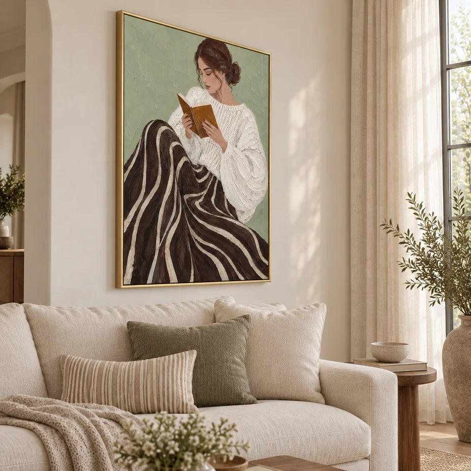 Textured Reading Woman in Swirl Skirt Wall Art