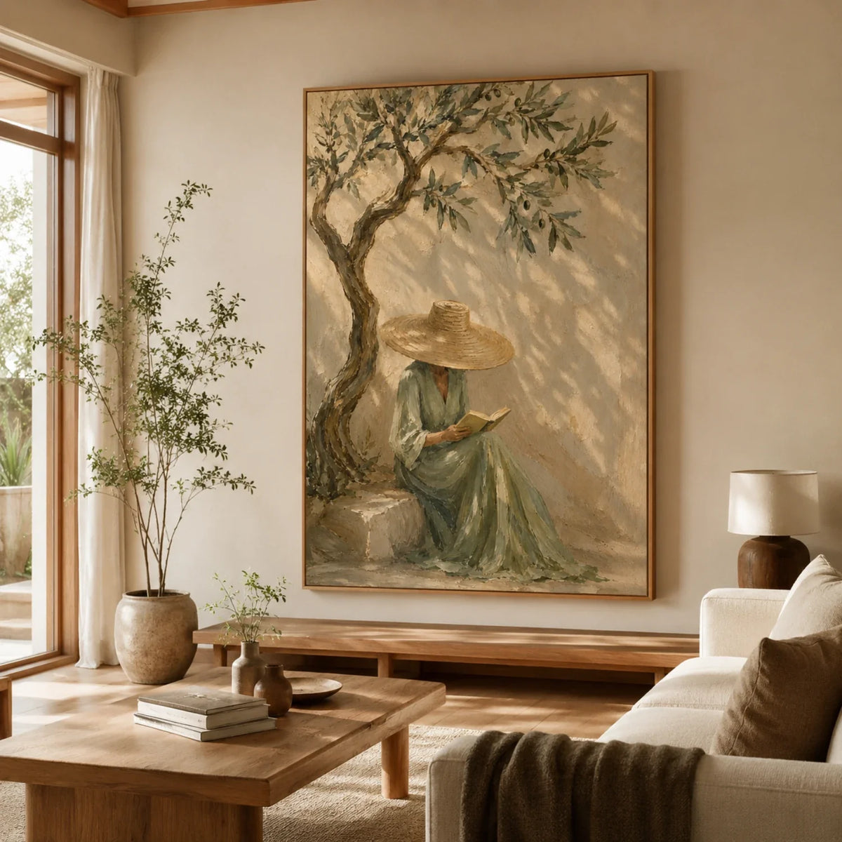 Textured Reading Woman Under Olive Tree Wall Art