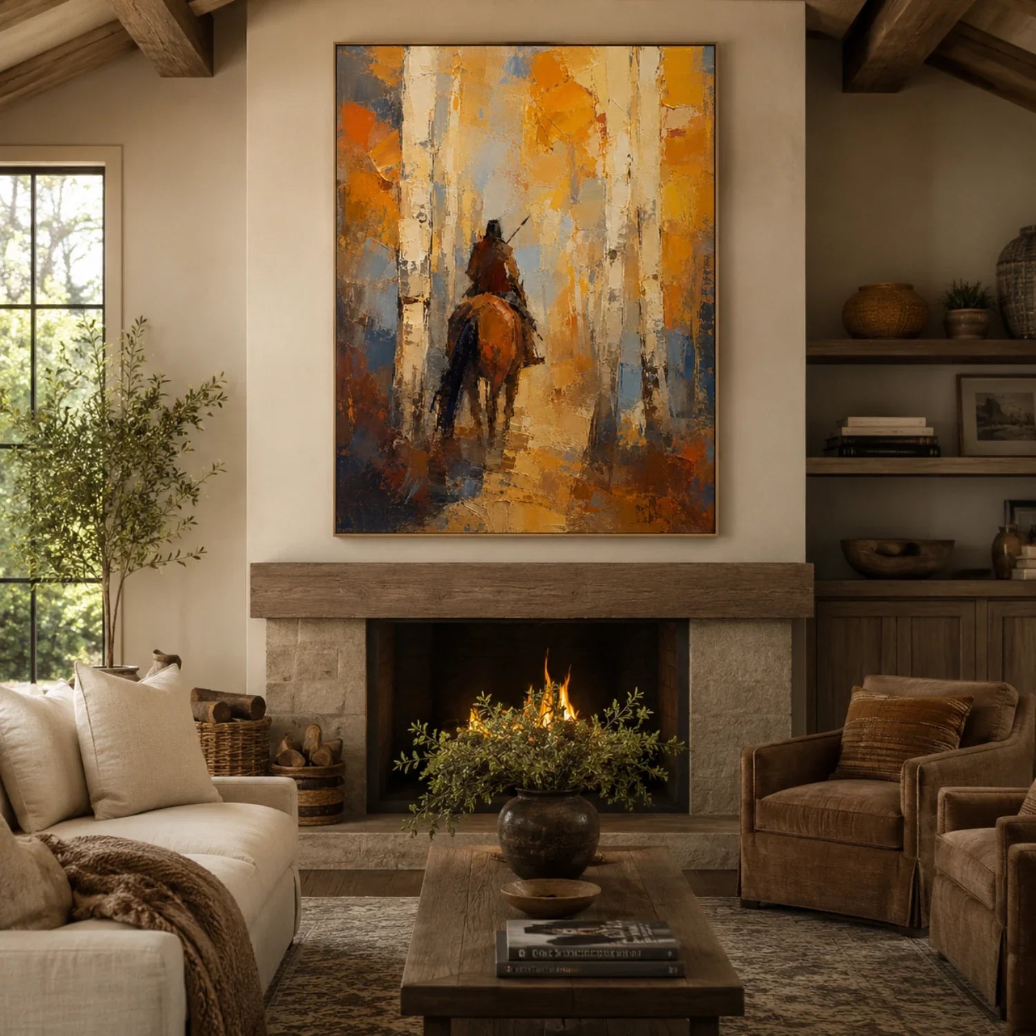 Impasto Rider Through Birch Forest Wall Art