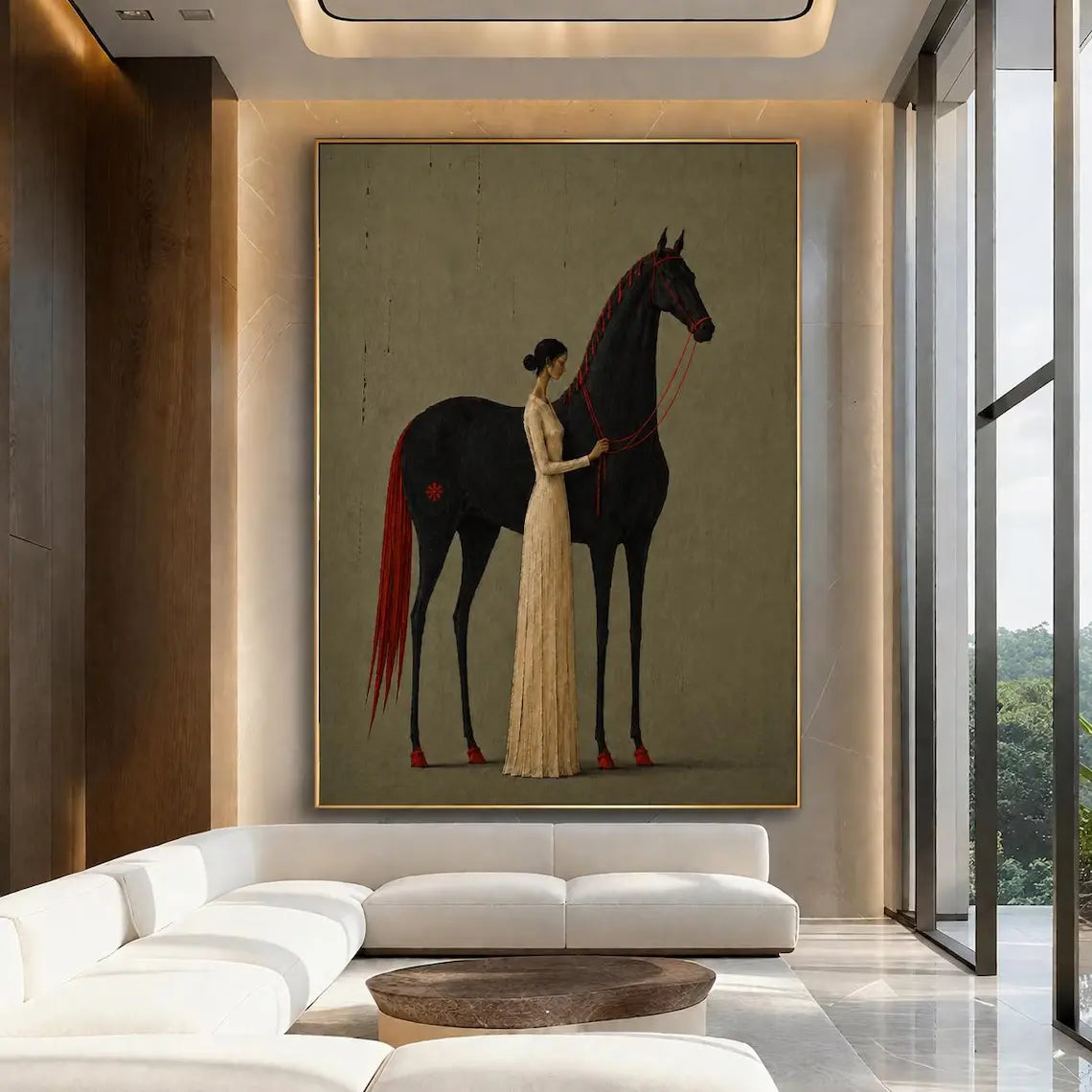 Minimalist Woman & Black Horse Wall Art