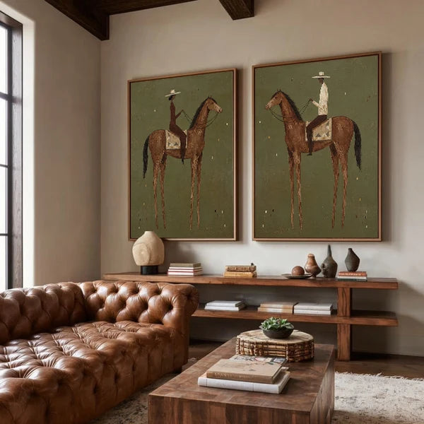 Geometric Brown Horse Riders Wall Art Set of 2