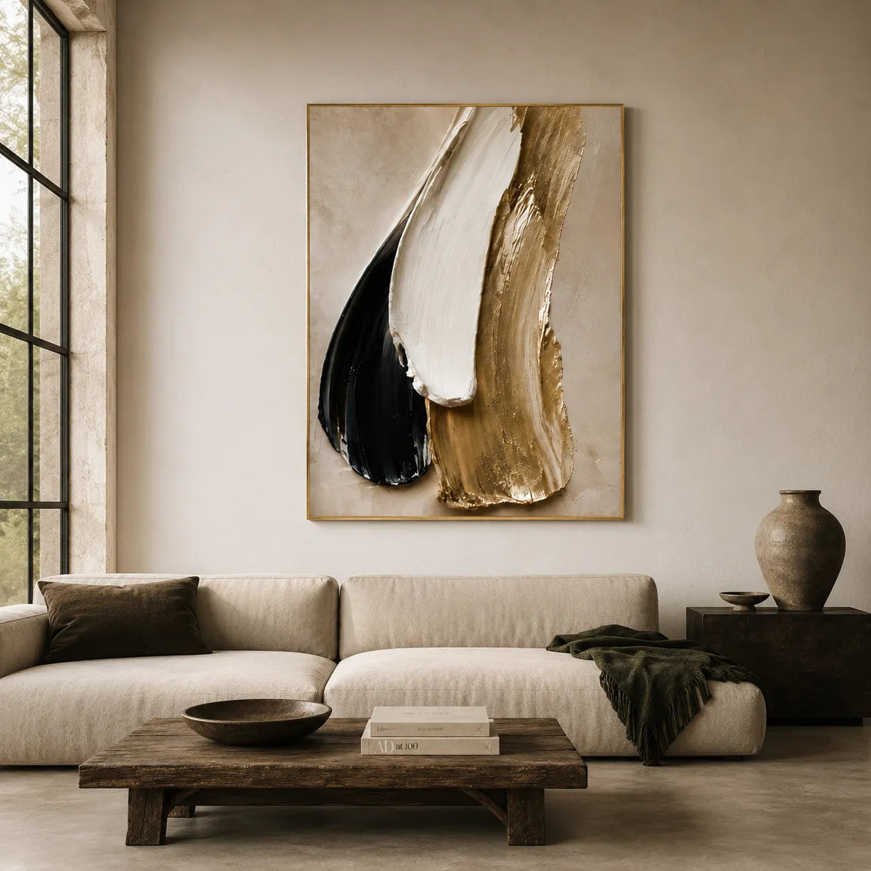 Plaster Textured Black Gold Column Wall Art