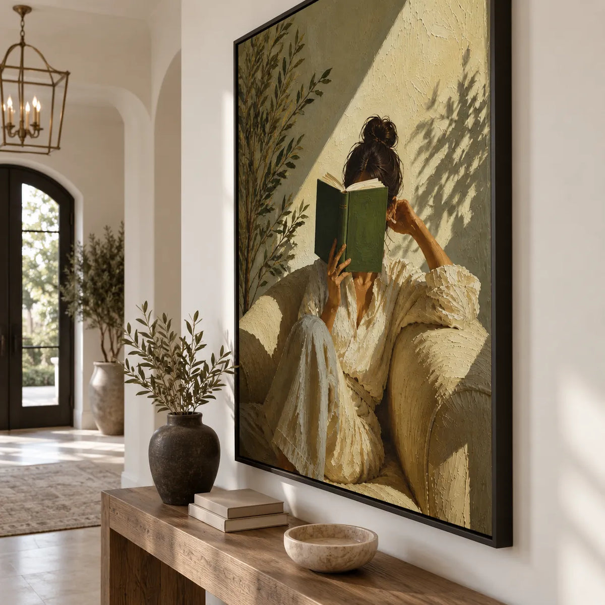 Textured Reading Woman with Book Cover Wall Art