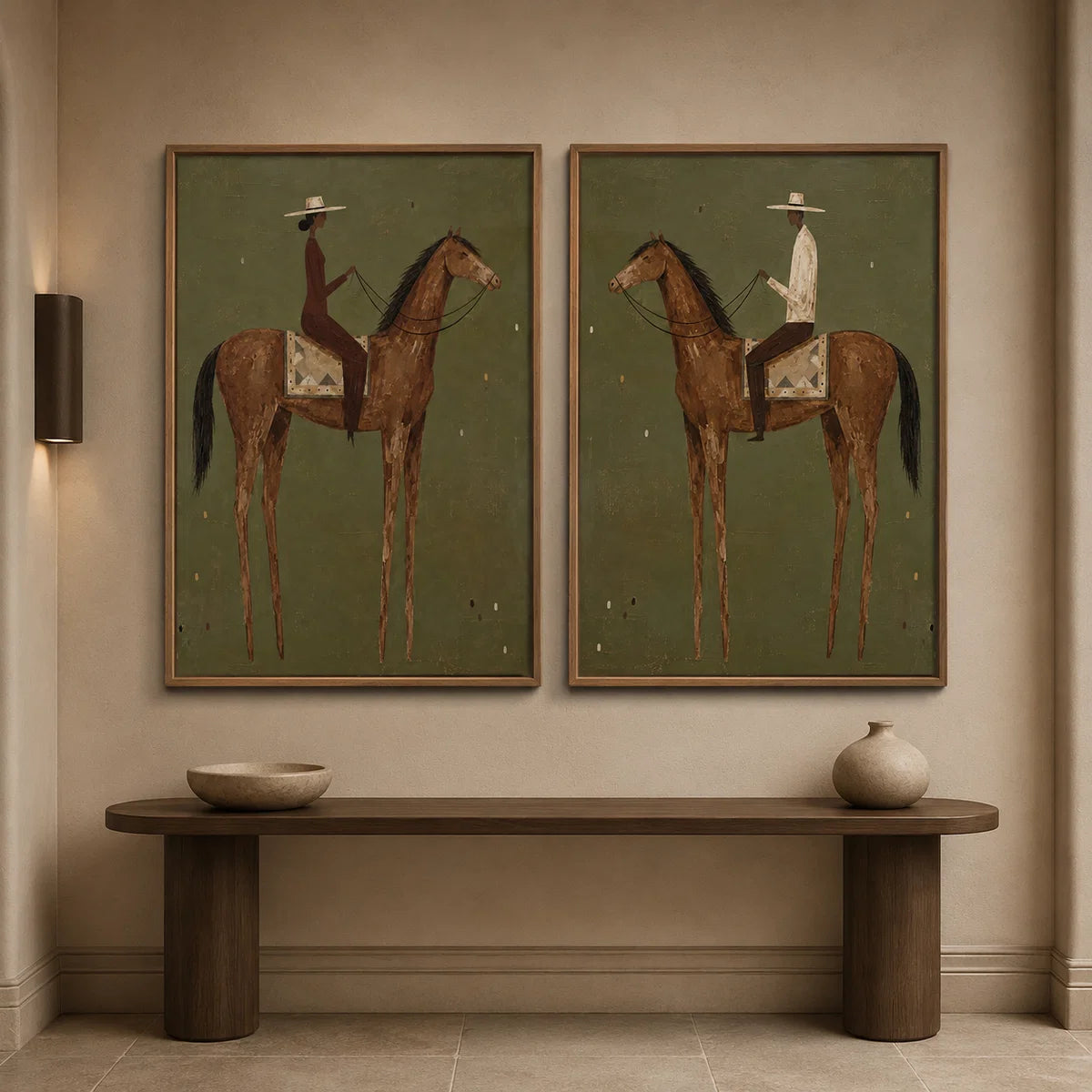 Geometric Brown Horse Riders Wall Art Set of 2