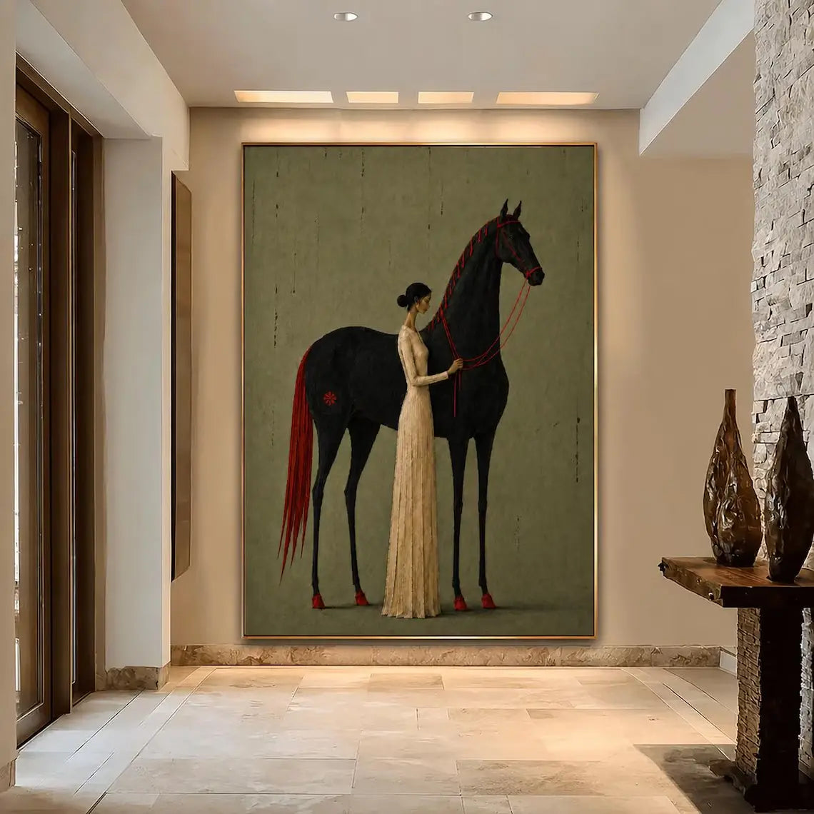 Minimalist Woman & Black Horse Wall Art