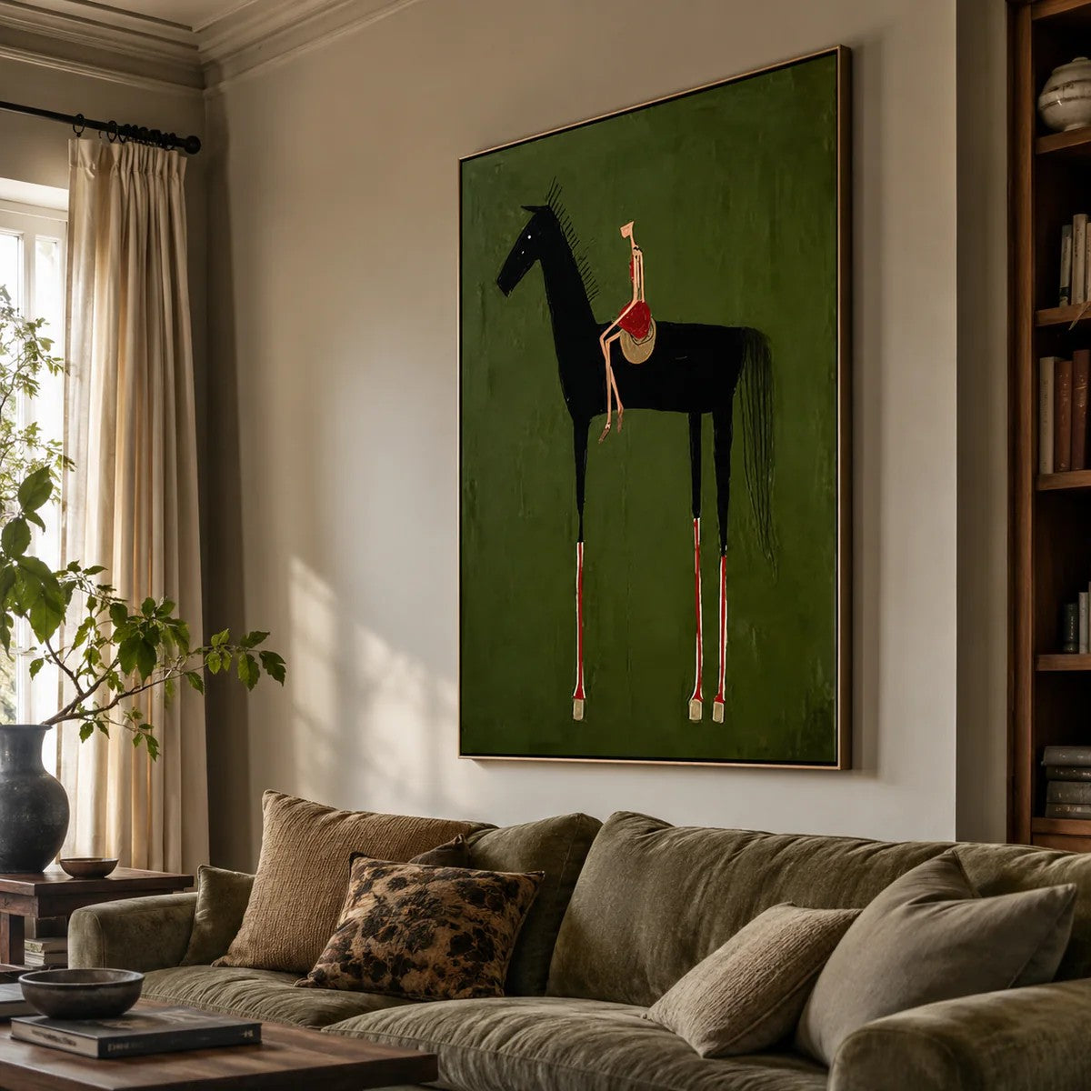 Rustic Folk Elongated Rider on Black Horse Wall Art