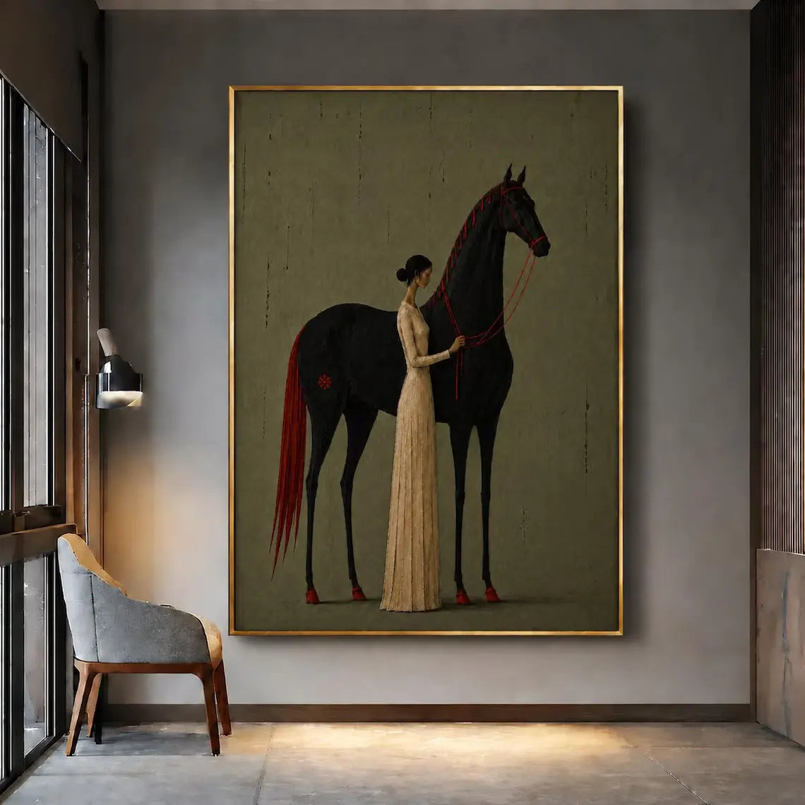 Minimalist Woman & Black Horse Wall Art