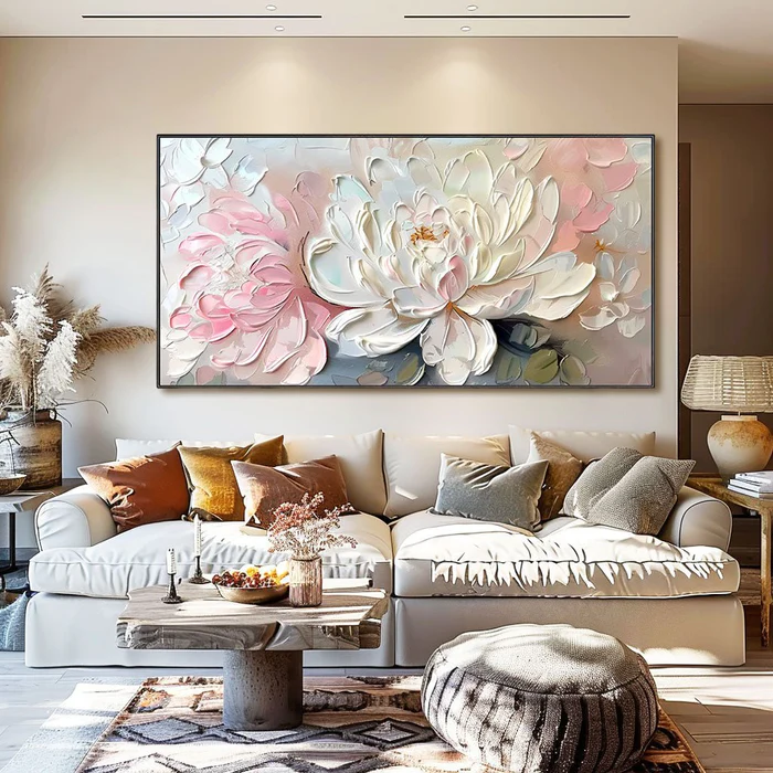 Blush Peony Wall Art – Large Abstract Floral Canvas Painting