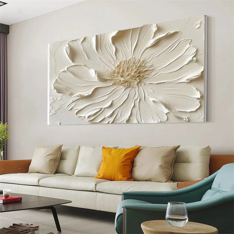 White Textured Flower Wall Art – Minimalist Relief Canvas