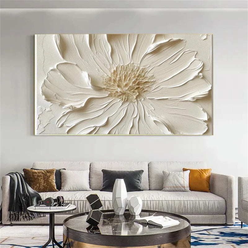 White Textured Flower Wall Art – Minimalist Relief Canvas