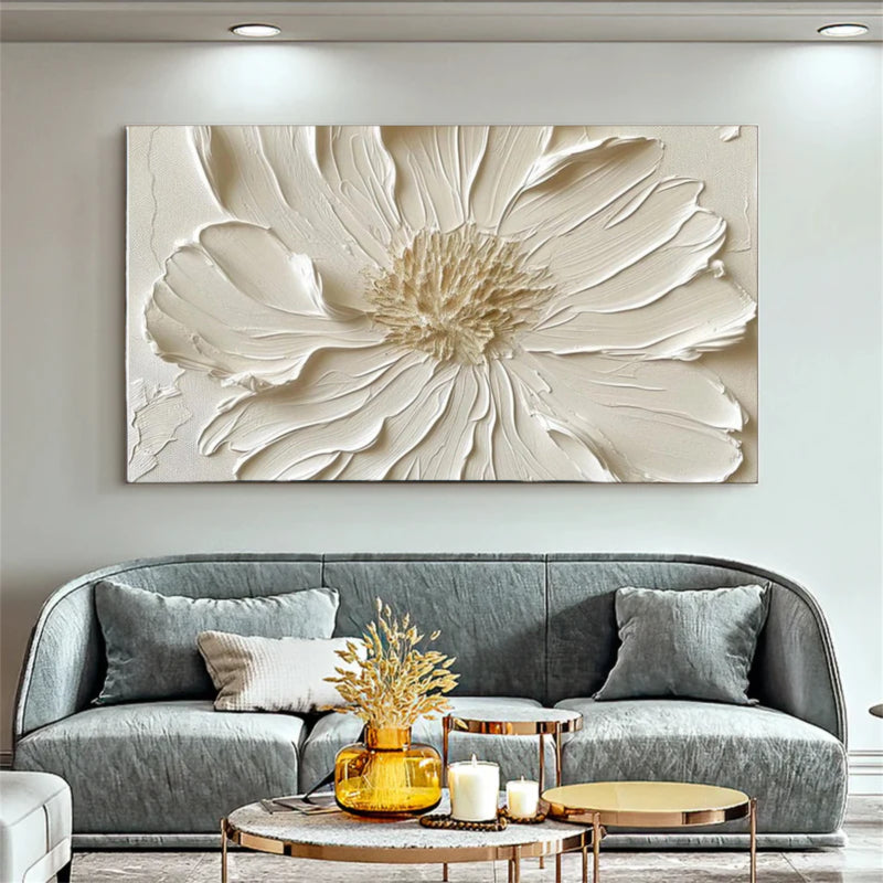 White Textured Flower Wall Art – Minimalist Relief Canvas