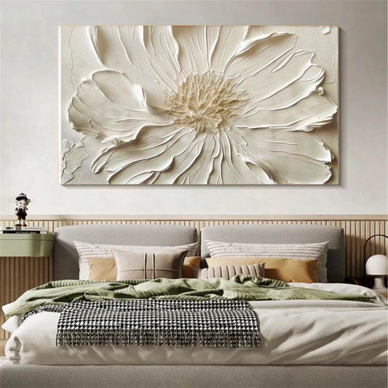White Textured Flower Wall Art – Minimalist Relief Canvas